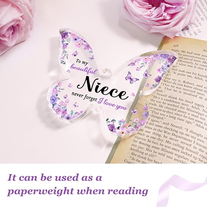 Niece Gifts from Auntie Aunt Uncle - Unique Purple Butterfly Acrylic Plaque Desk Decor - Mothers Day Christmas Valentines Day Graduation Gift for Niece - 5 x 3.8 x 0.5 inches