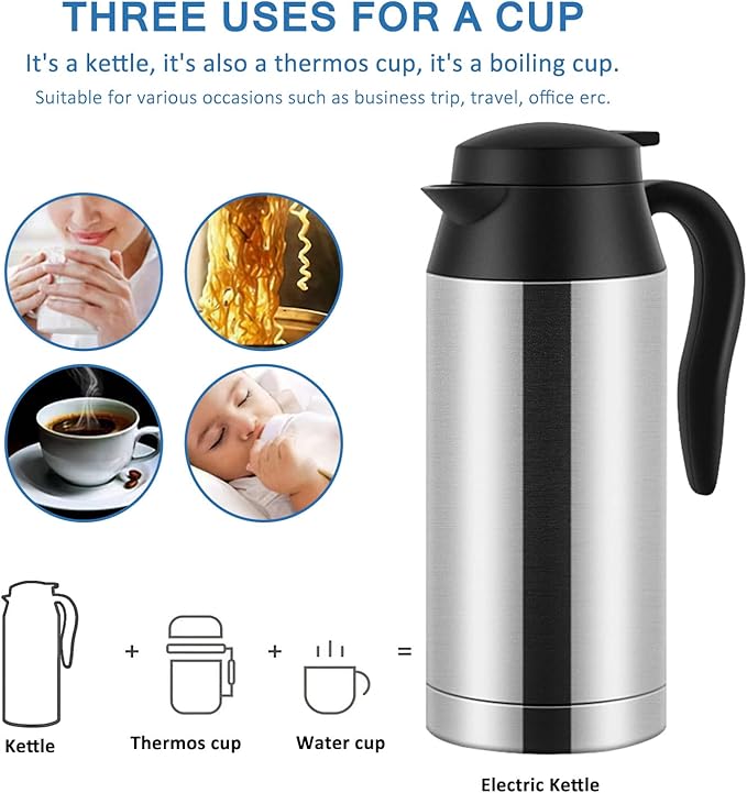 12V Car Kettle Boiler - 650ml Travel Kettle Car Water Heater Stainless Steel Car Coffee Cup Warmer Hot Water Maker with DC 12V Charger Electric Kettle for Car, Silver, A-1914218