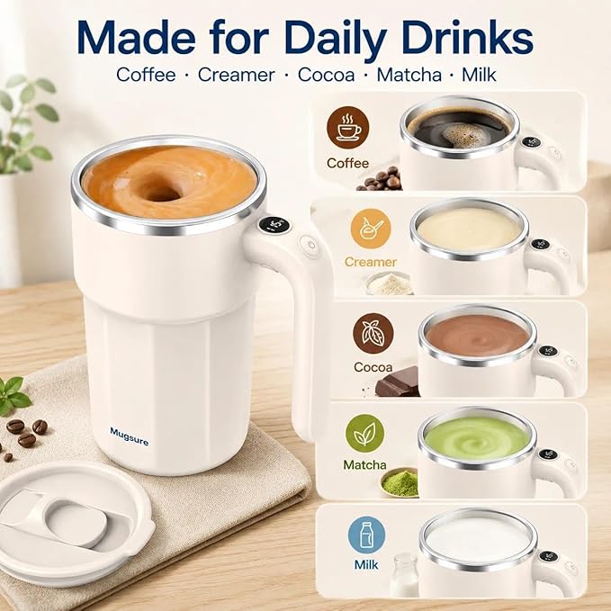 Self Stirring Coffee Mug, 12.5oz Magnetic Mixing Cup with Lid, USB Rechargeable Automatic Stirring Mug for Coffee, Creamer, Milk, Hot Chocolate & Matcha, Stainless Steel, Pearl White