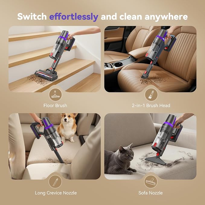 TechRise Cordless Vacuum Cleaner for Home, 550W 45KPa for Pet Hair & Floor | Up to 60 Min Runtime, HEPA Filter, Self-Standing Design, Anti-Tangle Brush & LED Light for Carpets and Hard Floor Cleaning