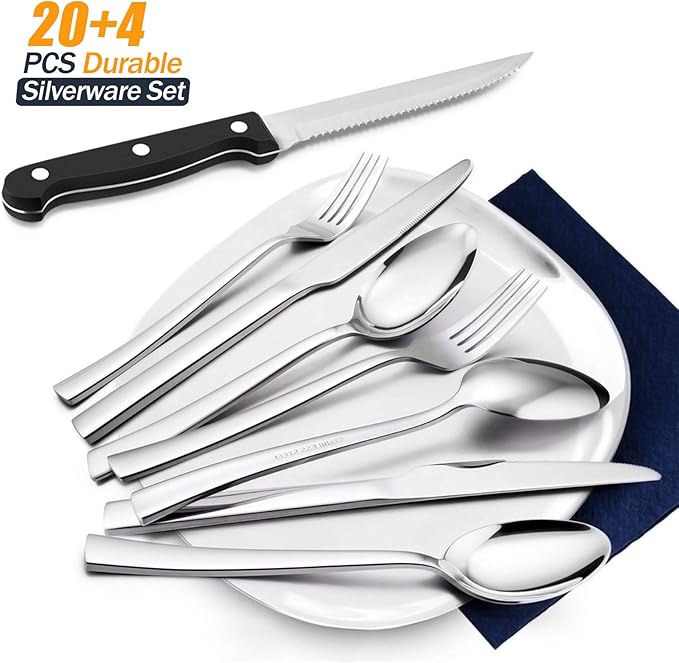HaWare 24-Piece Silverware Set with Steak Knives, Solid Stainless Steel Modern Elegant Flatware Utensils, Ergonomically Designed, Mirror Polished & Dishwasher Safe