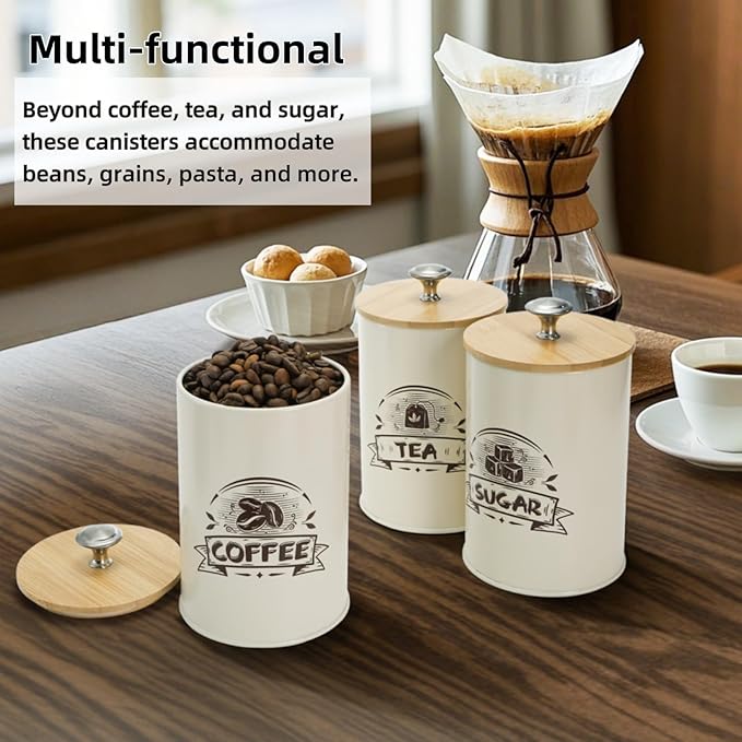 Covzoe 3 Pack Small Canisters for Kitchen, 26 Oz Metal Coffee Sugar Tea Canisters Set with Airtight Bamboo Lids, Mini Food Storage Containers Jars for Tea, Flour, Cookies, Spices, Countertop