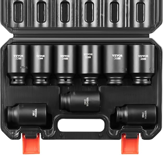 VEVOR 1/2" Drive Impact Socket Set, 9 Piece Deep Socket Set Metric 29-38mm, 6 Point Cr-Mo Spindle Axle Nut Impact Socket Set for Auto Repair,Easy-to- Read Size Markings, Includes Storage Case