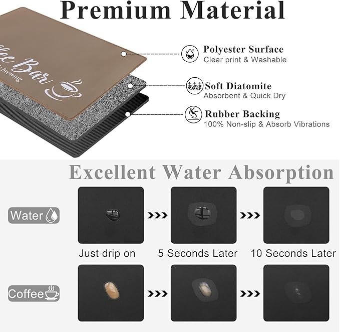 SHACOS Coffee Mat 2 Pack 12x19 Inch Absorbent Non Slip Rubber Bar Accessories Coffee Maker Mat for Countertop Dish Drying Mat Heat Resistant, Brown