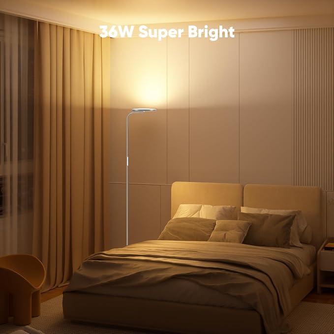 SIBRILLE 36W LED Floor Lamp, Super Bright Standing Lamp, Modern Stepless Dimmable Torchiere Tall Lamp with Remote Control, 350°Rotating Head Reading Floor Lamp for Living Room, Bedroom, Office