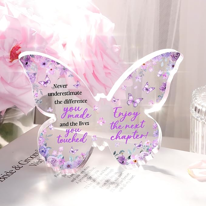 Farewell Gifts for Coworkers, 5x3.8x0.5 Inch Purple Butterfly Acrylic Plaque Decor, New Job Goodbye Going Away Leaving Retirement Graduation New Job Promotion We Will Miss You