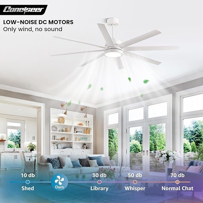 Modern Ceiling Fans with Lights, 65 Inch Ceiling Fan with Light and Remote for Bedroom Living Room Kitchen Office, Indoor/Outdoor Use, 24W 6CCT 8 Blades 6 Speed Reversible Quiet DC Motor, White
