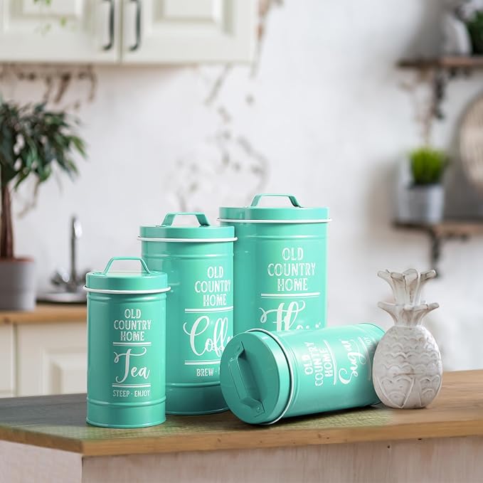 DAYYET Teal Canisters for Kitchen Counter, Airtight Kitchen Canisters for Countertop, Flour and Sugar Containers, Tea Coffee Sugar Canister Set, Turquoise Kitchen Decor and Accessories, Set of 4