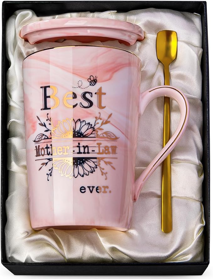 Mother in Law Birthday Gifts, Best Mother In Law Ever Mug, 14oz Pink Marble Mom Mug with Gold Print, Mom Gifts from Daughter-In-Law or Son-In-Law, Wedding Valentine Coffee Cup Present, Nice Gift Boxed