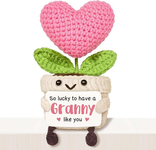 Cute Granny Gifts, Mini Handmade Crochet Pink Heart Flower, Birthday for Granny, Grandma Gift from Granddaughter or Grandson