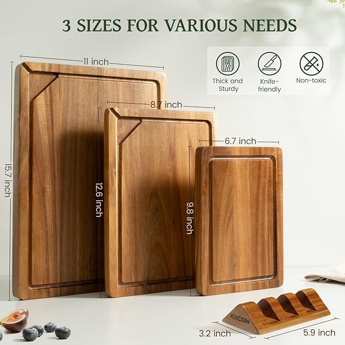 Kikcoin Acacia Wood Cutting Boards for Kitchen, 3 PCS Wooden Cutting Board Set with Holder, Chopping Board with Compartments and Juice Groove, Solid Charcuterie Boards Serving Tray Wood Butcher Block