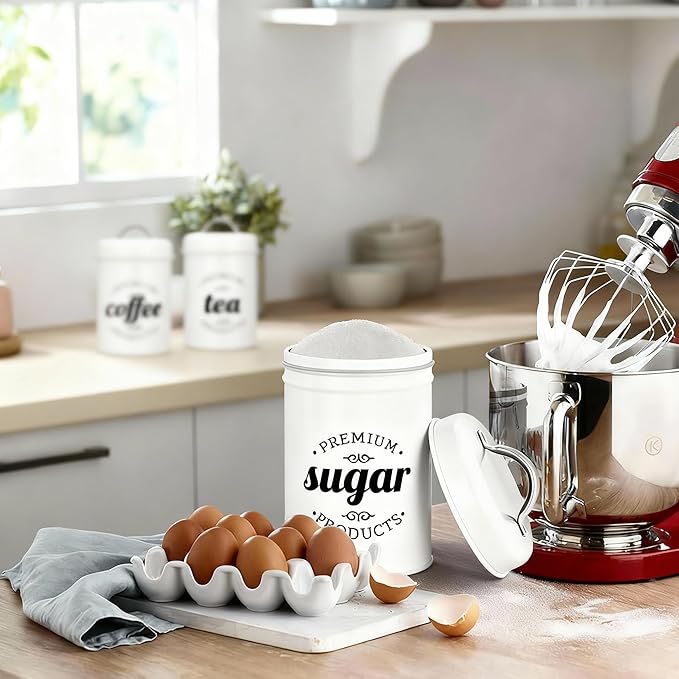 3 Piece Food Jars Canisters Sets, Airtight Coffee Container, Tea Organizer, And Sugar Canister, Rustic Farmhouse Decor for Kitchen Countertop (White)