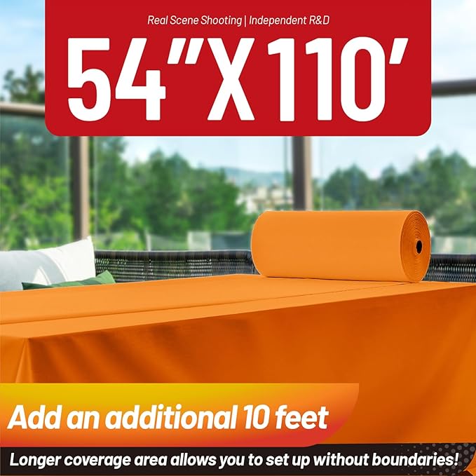 Plastic Table Cloth, 110 Ft X 54 in Disposable Tablecloth Orange Tablecloth Premium PEVA Plastic Table Cloth Disposable with Any Cut Sliding Cutters for Picnics, Parties, Birthdays, Festivals