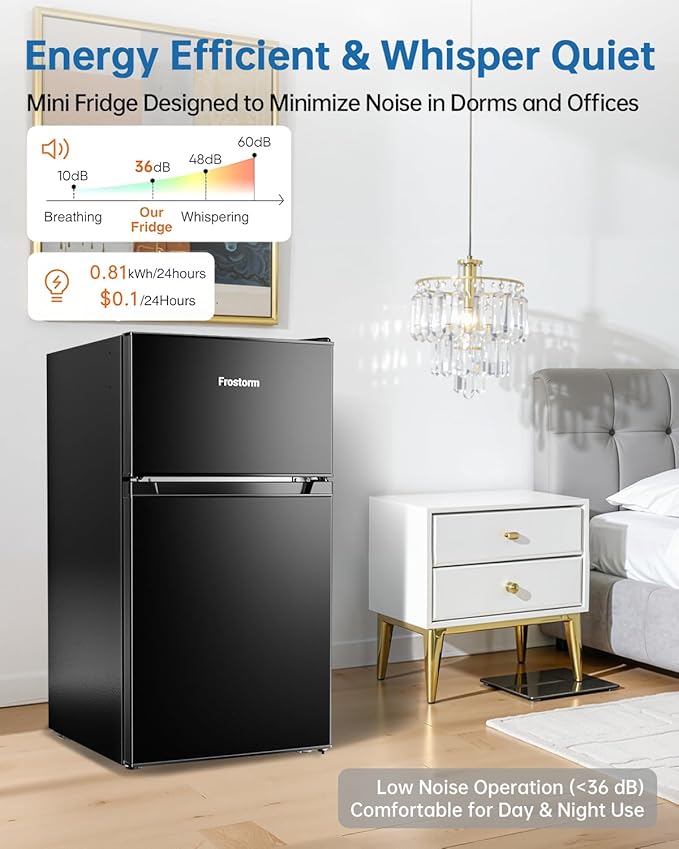 3.2 Cu Ft Mini Fridge with Freezer - Energy Efficient, Double Door Upright Freezer for Bedroom, Office & Dorm,restaurants | Small Fridge, Glass Shelves,Interior Light,ETL Certified,etc