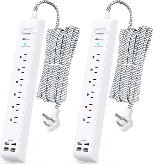 2 Pack Extension Cord 10ft Power Strip - Surge Protector with 6 Outlets 4 USB Charging Ports, Flat Plug, Overload Protection, Wall Mount for Home Office, Dorm Room Essentials