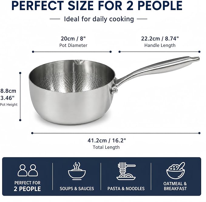 Titanium Saucepan with Lid, No Coating Non-Stick Titanium Pot（2 QT) | 500°F Heat Resistant, Fast & Even Heating, Universal Induction Gas Electric Glass Halogen Cooktops, Dual-Pour Spouts Design