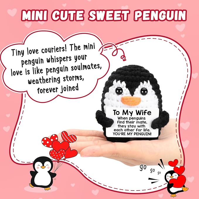 Gifts for Wife Her from Husband Mothers Day, To My Wife Handmade Positive Crochet Mini Funny Penguin, Romantic Wedding Anniversary Birthday Valentines Gifts for Women Her, Small Love Sign Decor