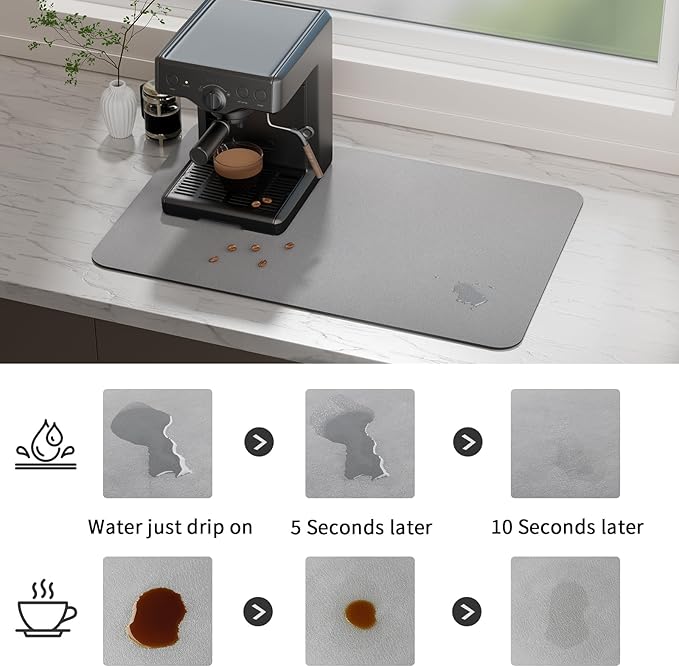 Ecotrim Absorbent Coffee Mat , Stain Hiding PU Leather Surface, Non-Slip Natural Rubber Backing, Quick Dry Mat for Espresso Machine, Kitchen Counter ,Grey | 17" x 31.5"