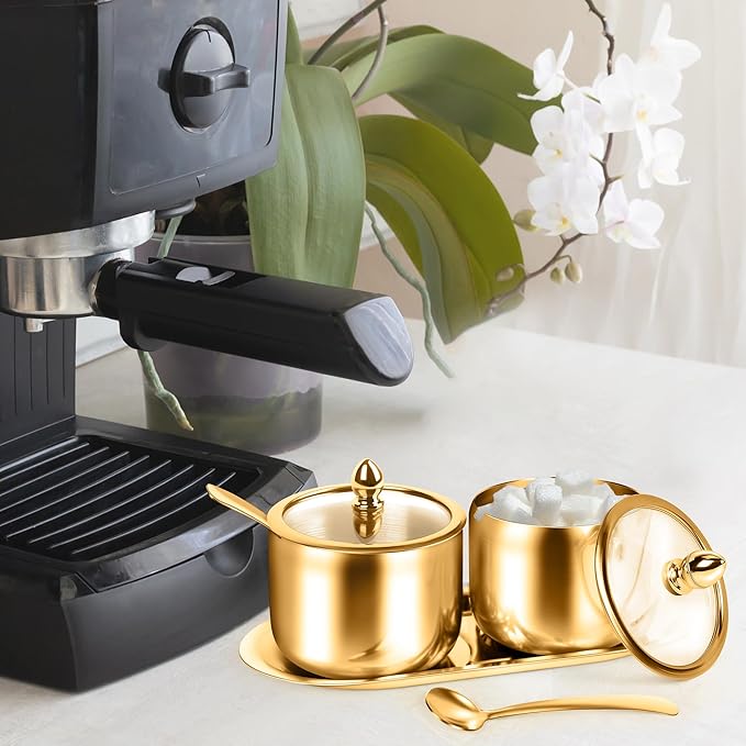 holoith 2 Pcs Coffee and Sugar Dispenser with Tray - 10 oz Sugar Bowl with Glass Lid and Spoon for Coffee Bar Accessories Kitchen Storage for Salt,Coffees Bean,Brown Sugar Cubes (Gold)