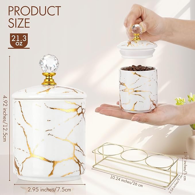 3 Pcs Ceramic Coffee Canister Set with Lids and Metal Stand, Marble Sugar Coffee Tea Containers, Kitchen Counter Storage Jars for Bar Accessories