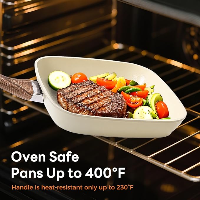 DUMOS 3 Pcs Grill Pans Set, Nonstick Square Frying Pan Skillet Set with Stay Cool Handle & PFOA Free, Compatible with All Stovetops (9.5" 10" 11") Beige