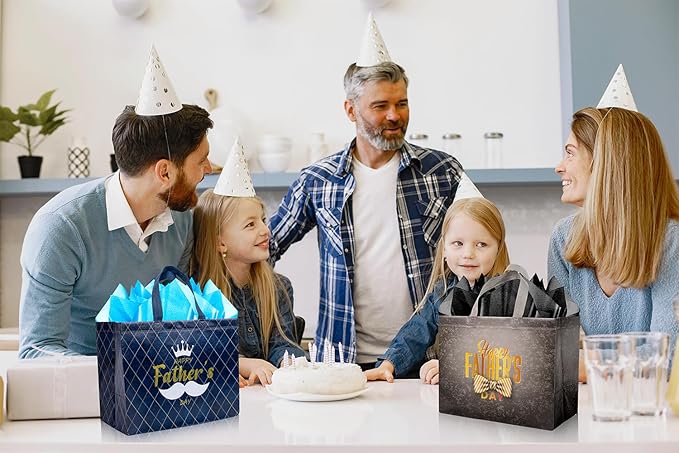 Jaywayang 2PCS 12.6" Happy Father's Day Gift Bag with Tissue Papers and Card, Large Reusable Non-Woven Fathers Day Bags with Handle for Men, Husband, Dad, Grandfather (Black, Blue)