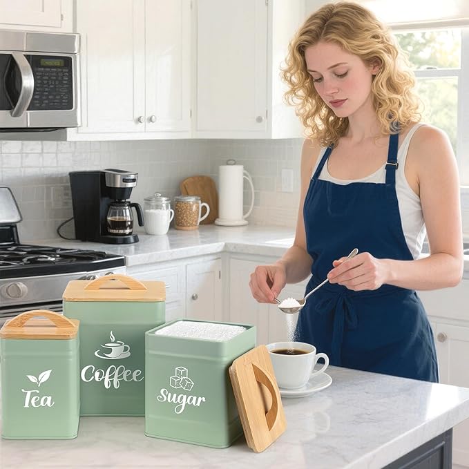 Maxdot 3 Set Coffee Sugar Tea Containers, Square Airtight Kitchen Canisters Storage Ground Organization with Bamboo Lids Rustic Metal Jars for Coffee Bar Beans, Tea Leaves, Food, Countertop(Turquoise)