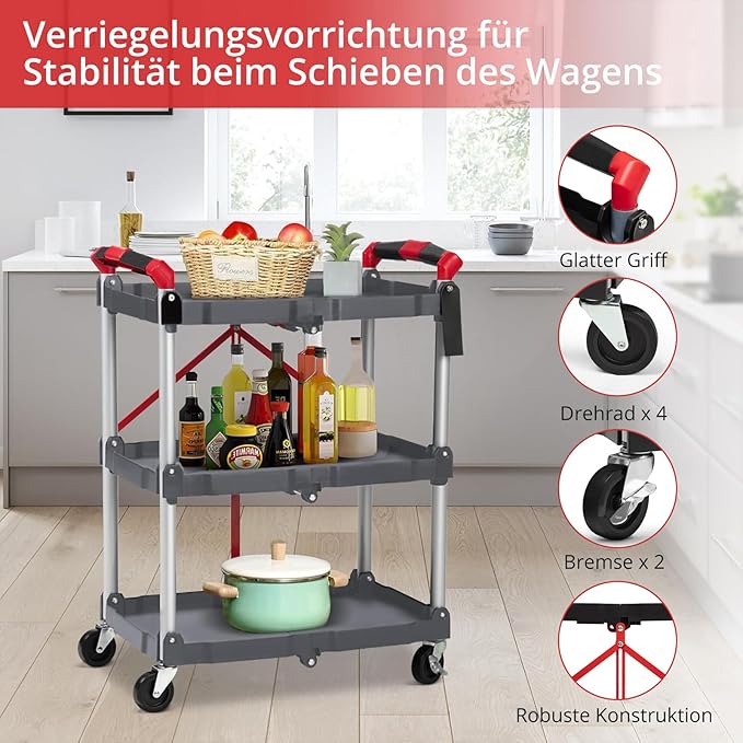 3 Tier Folding Utility Cart with Wheels, 168 LBS Total Load Capacity, Collapsible Service Cart for Garage, Workshop and Office, Portable Aluminum Alloy Rolling Tool Cart, Grey