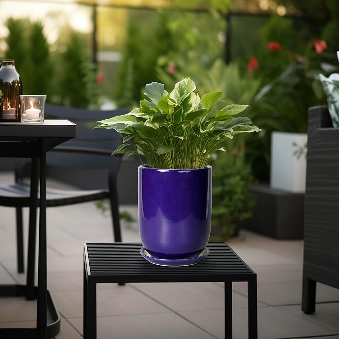 Ceramic Plant Pot - 8 Inch Planter for Indoor Plants Outdoor Flower Pot with Drainage Hole and Saucer Home Patio Office Decor Blue