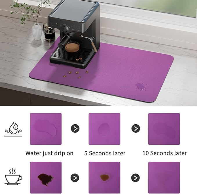 Ecotrim Absorbent Coffee Mat , Stain Hiding PU Leather Surface, Non-Slip Natural Rubber Backing, Quick Dry Mat for Espresso Machine, Kitchen Counter ,Purple | 12" x 19"