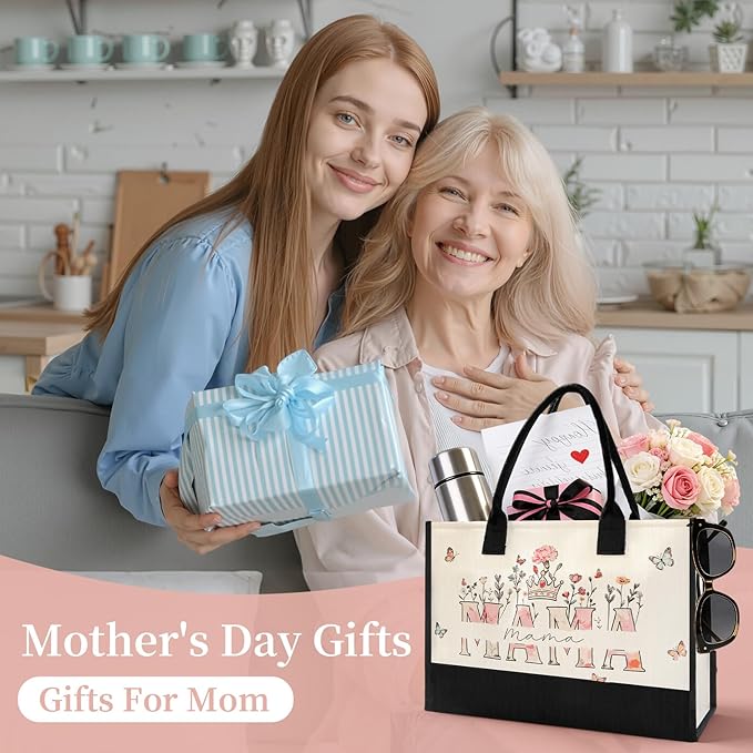 Mothers Day Gifts for Mom from Son Daughter- Large Canvas Tote Bag for Women New Mom Gifts, Floral Print Beach Bag Mama Gift for Mother's Day Birthday