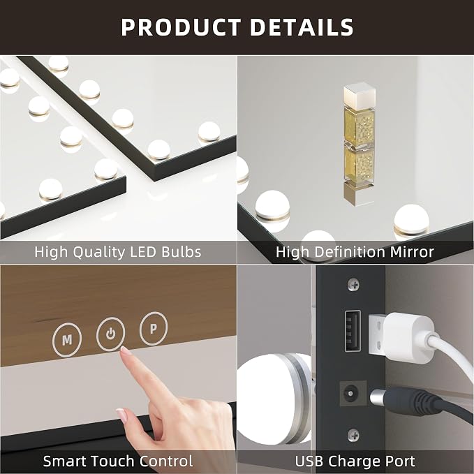 Vanity Mirror with Lights,Makeup Mirror with 17 Dimmable LED Bulbs, 3 Color Lighting Modes Detachable 10X Magnification Mirror Touch Control, 23.6X19,7 inch, Black