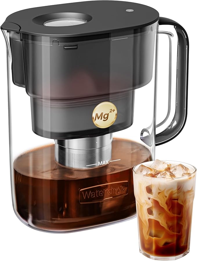 Waterdrop PT-10 Cold Brew Coffee Maker with 1 Magnesium Water Filter for Well-Balanced Acidity, Unlocks Aroma, BPA-Free Cold Brew Pitcher, Stainless Steel Filter for Iced Coffee, Tea, Lemonade, Black