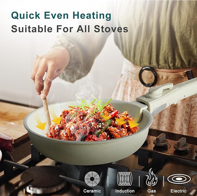 Sweetcrispy 12 pcs Pots and Pans Set, Nonstick Kitchen Induction Cookware Suit with Detachable Handle, Dishwasher Oven Safe, Beige