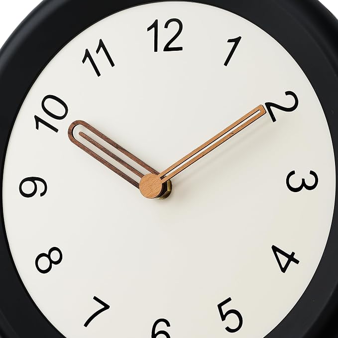 Mosewa 10 Inch Black Wall Clock Silent Non-Ticking Quartz Battery Operated Analog Clock with Wood Hands, Easy to Read Minimalist Round Clock for Kitchen Living Room Bedroom Office