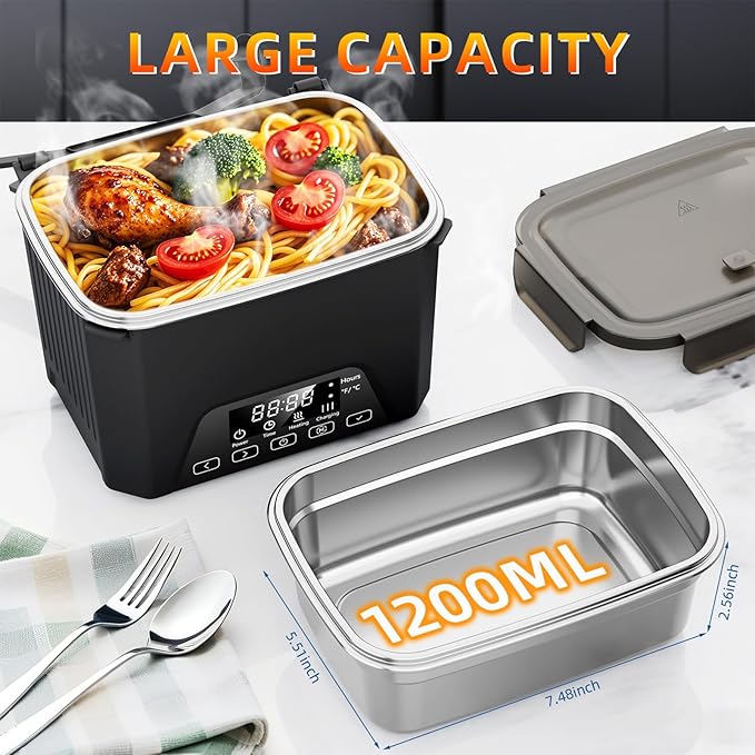 Cordless Electric Lunch Box, 1.2L Self Heating Lunch Box Battery Powered with Automatic Heating, BPA Free, Meal Prep Friendly, Portable Food Warmer for Work, Construction, Truck & Travel (Black)