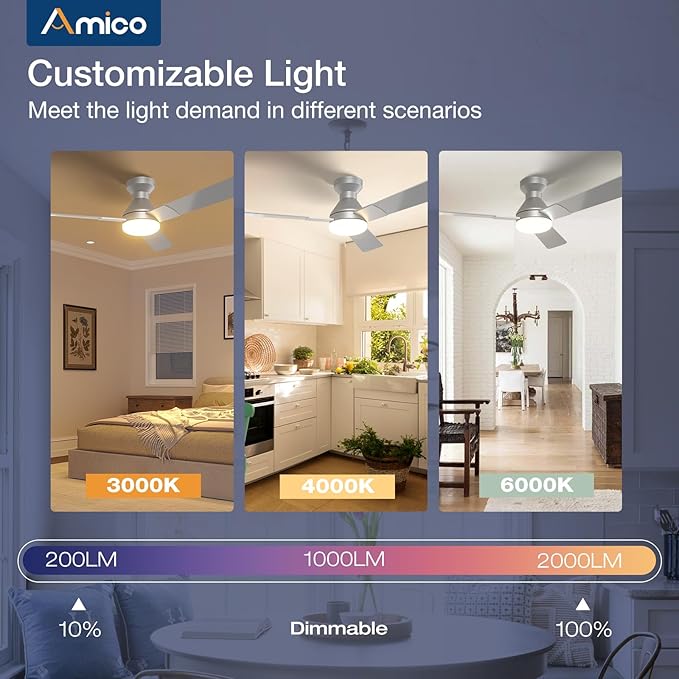 Amico Ceiling Fans with Lights, 52 inch Low Profile Ceiling Fan with Light and Remote Control, Flush Mount, Reversible, 3CCT, Dimmable, Noiseless, Silver Ceiling Fan for Bedroom, Indoor/Outdoor Use