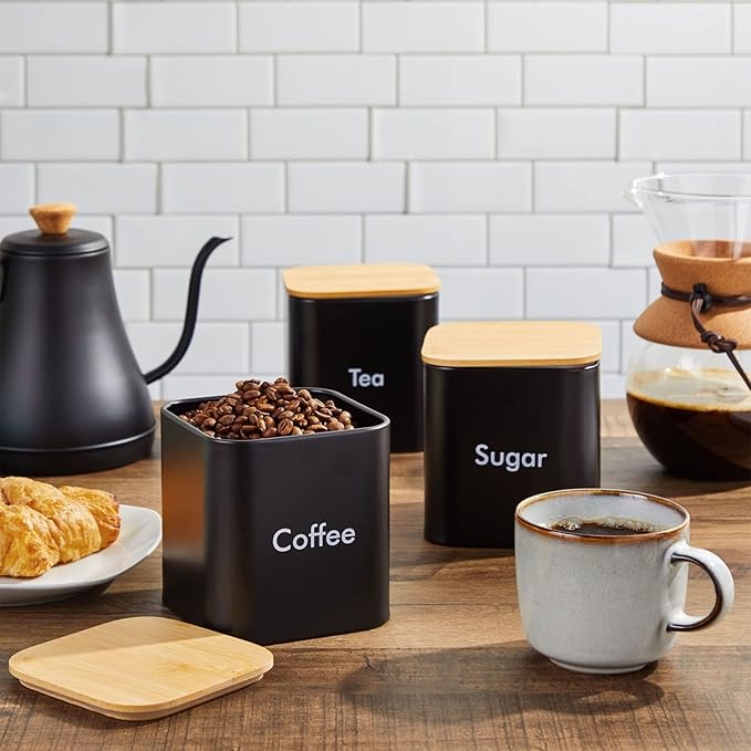 Juvale Coffee Tea Sugar Container Set - Black Iron Square, 3 Pack, 48 oz Each - Coffee Bean Storage & Sugar Storage - Countertop Kitchen Canisters with Tight Seal Lids