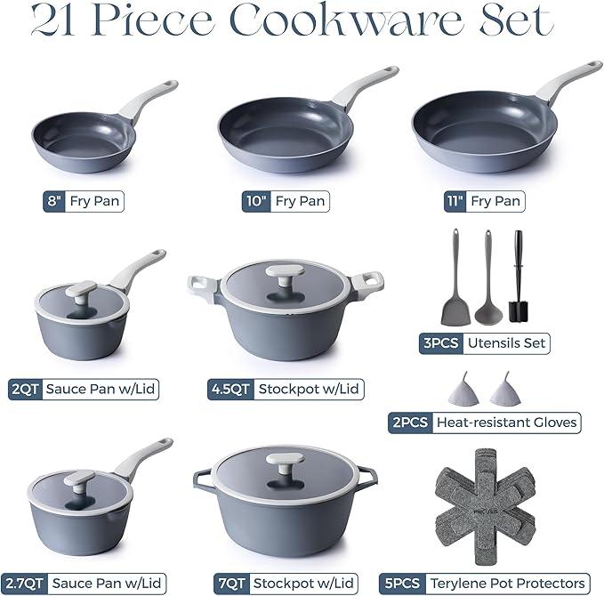 PRICUSIS Ceramic Pots and Pans Set Nonstick, 21Pcs Nontoxic Induction Cookware Set, 100% Dishwasher Safe, Stay Cool Handle, Fully Coated, PTFE PFOA & PFAS Free (Blueberry Gray）