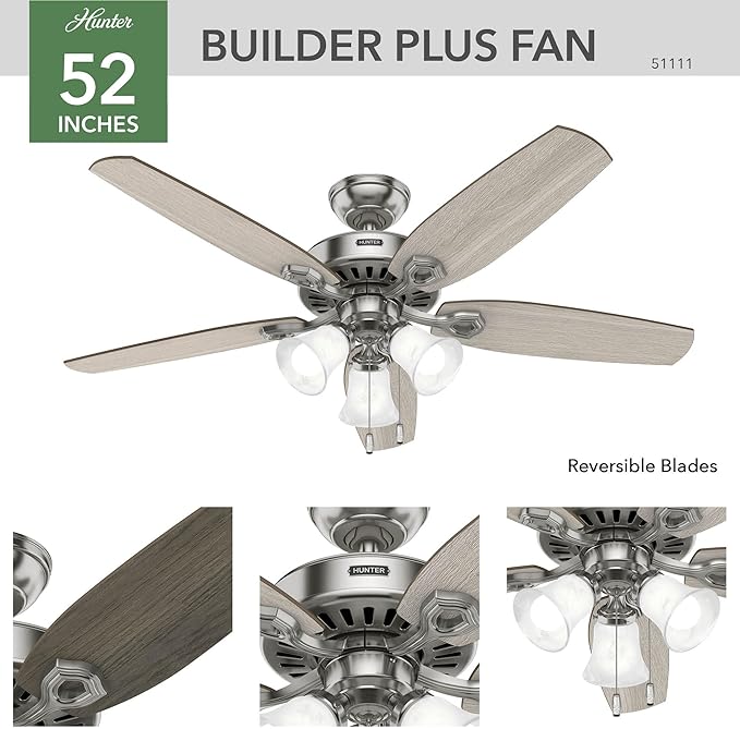 Hunter 52 inch Indoor Ceiling Fan with LED Lights - Ceiling Fan with Pull Chain, For Bedroom or Living Room, Standard Mount, No Remote, 5 Blades, Includes Bulbs - Builder Plus 51111, Brushed Nickel