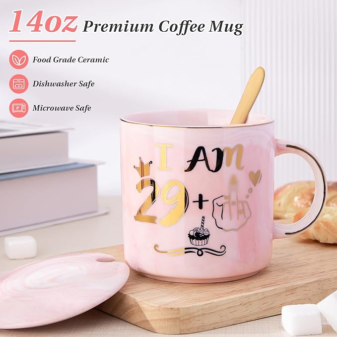 Funny 30th Birthday Gifts for Women - 14oz Pink Marble Ceramic Coffee Mug with Cheeky 29+1 Joke, Elegant Gold Print, Include Greeting Card & Beautiful Gift Box, Perfect for Birthday Celebration, Party