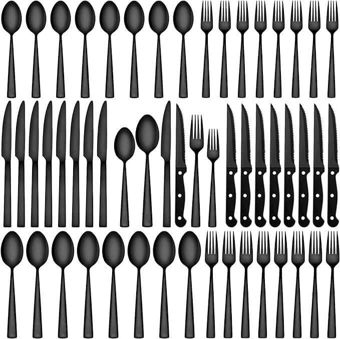 CEKEE 72-Piece Black Silverware Set with Steak Knives, Stainless Steel Flatware Set for 12, Tableware Cutlery Set, Kitchen Utensils Set for Home & Restaurant, Heavy Duty & Mirror Finished