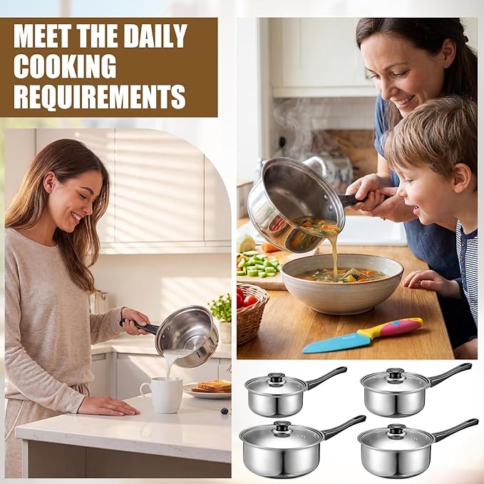 Hushee Stainless Steel Saucepan Set with Lids 8 Pcs, Sauce Pans 1QT, 2QT, 3QT, 4QT Tri-Ply Bottom Sauce Pot Set with Bakelite Handle, Induction Compatible Dishwasher & Oven Safe for Boiling Cooking