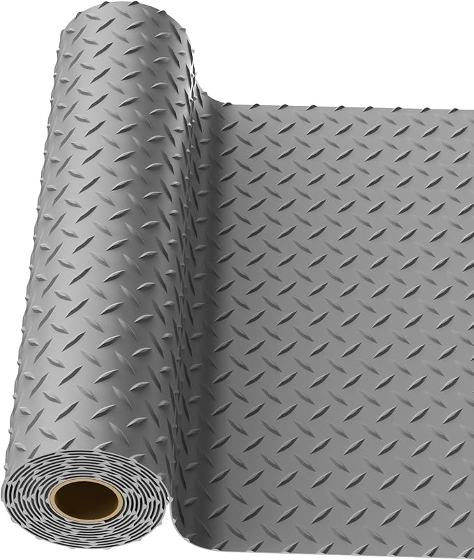 4x15 FT Garage Floor Mat, 2.8mm Thickened PVC Flooring Roll for Under Car, Golf Cart Parking Mat, Diamond Plate Gray Motorcycle Mat for Warehouse, Basement, Gyms, Trailer（Included Tapes）