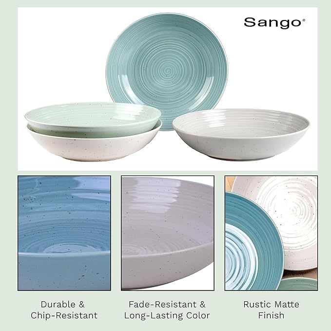 Sango Siterra Artist's Blend Stoneware Pasta Bowls (Set of 4) Multi Assorted Colors– Featuring Soft Gray, Blue, Green, and Ivory, for Everyday Dining & Entertainment, Microwave & Dishwasher Safe