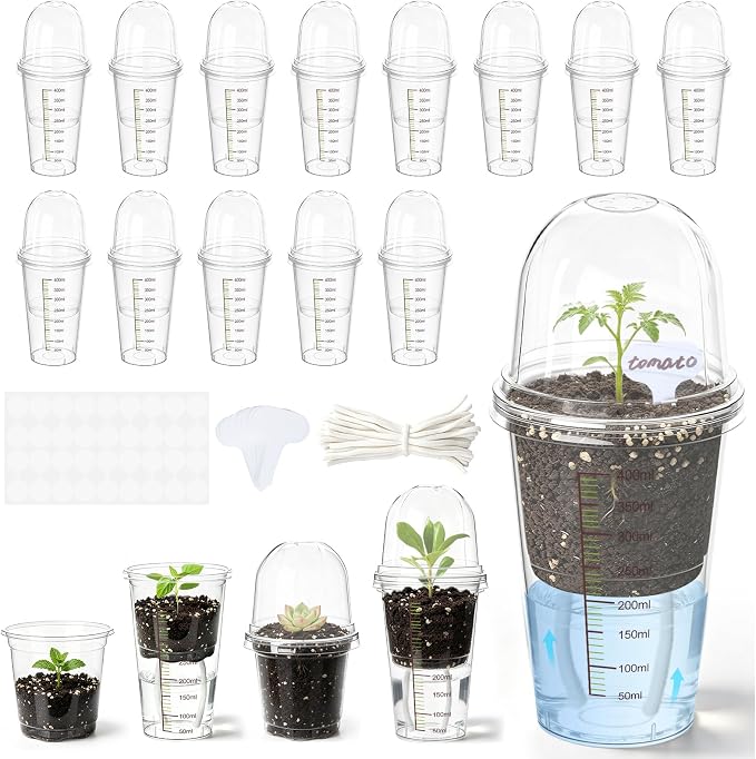 30 Pack 3.5" Self Watering Propagation Pots, Seed Starter Cups with Dome | Large Dual-Layer Clear Pots, Vent Dome, Self-Watering Reservoir, For Cuttings & Seedlings, 30 Plant Labels Included