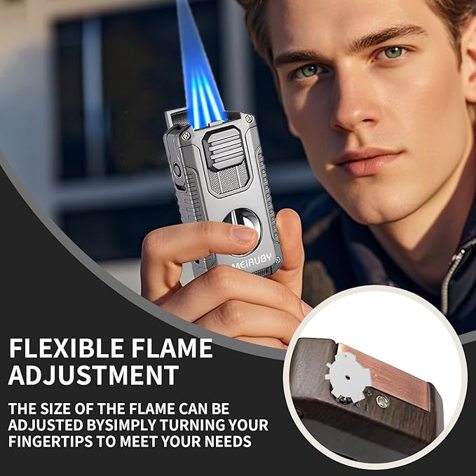 MEIRUBY 5-in-1 Butane Torch Lighter, Refillable Jet Flame Cigar Lighter with V-Cutter, Punch, Holder and Draw Tool, Multi-Functional Cigar Accessories Gift for Men, Dad, Husband, Friend & Cigar Lover