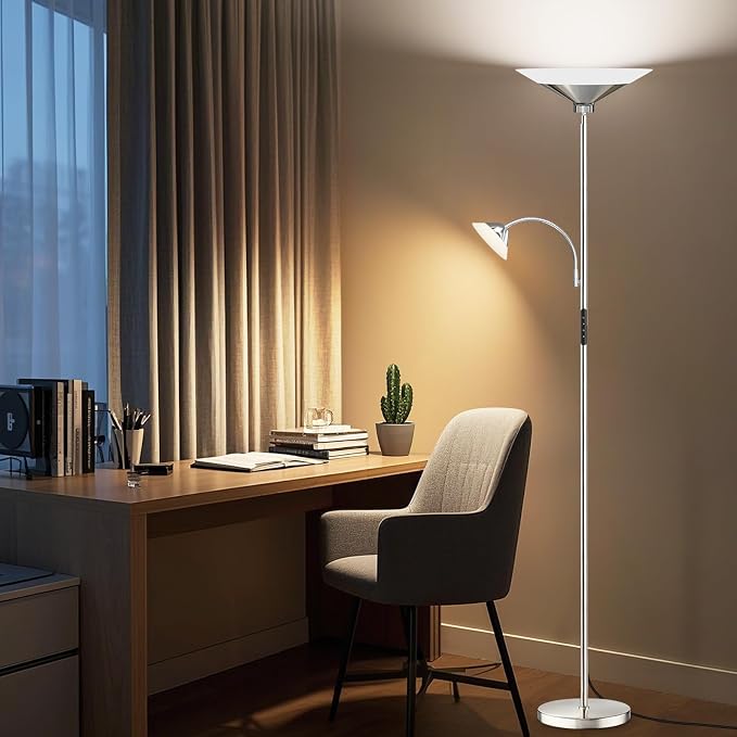SIBRILLE Metallic Sliver Torchiere Floor Lamp, 2 Way 72'' Dimmable LED Standing lamp with Rmote, Multi Color Temps, 34W Tall Light with Independent Control for Living Room Bedroom Office Reading ﻿