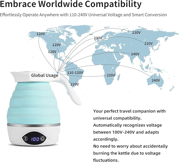 AUCOO Collapsible Travel Kettle Electric Portable Foldable Kettle for Boiling Water, Suitable for 110V & 220V Dual Voltage, for Tea & Coffee, 850W Small Mini BPA-free Silicone Blue electric kettle