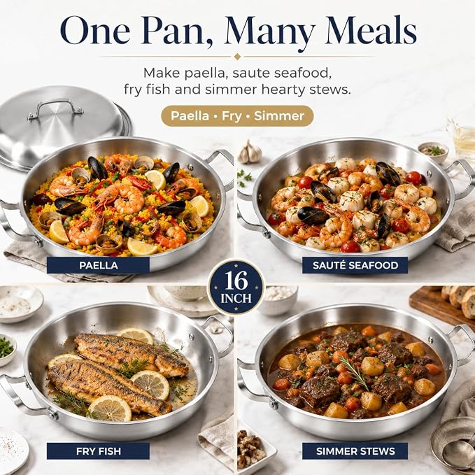 DELARLO 16 Inch Stainless Steel Paella Pan with Lid, 5-Ply Fully Clad,Jumbo Frying Pan for 12-14 Servings, PFOA & PTFE Free Skillet for Gas Stove, Great for Paella Parties Indoors Outdoors
